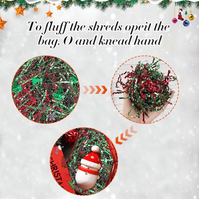 GlyinnHe 450g/1lb Christmas Crinkle Cut Paper Shred, Xmas Red Green Metallic Raffia Paper Confetti Shred Filler for Gift Baskets Box Filler Christmas Party Supply - Image 3